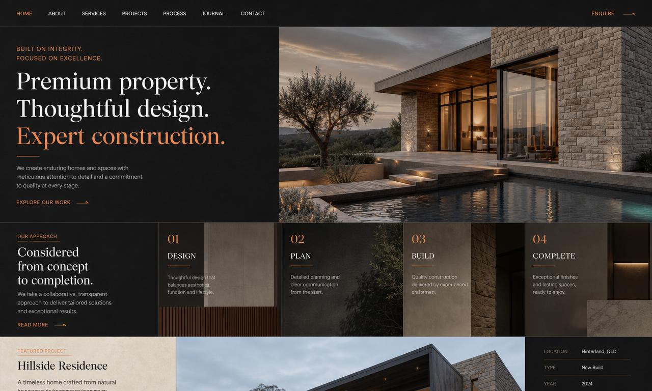 Property and construction company website homepage with a dark editorial layout and project imagery
